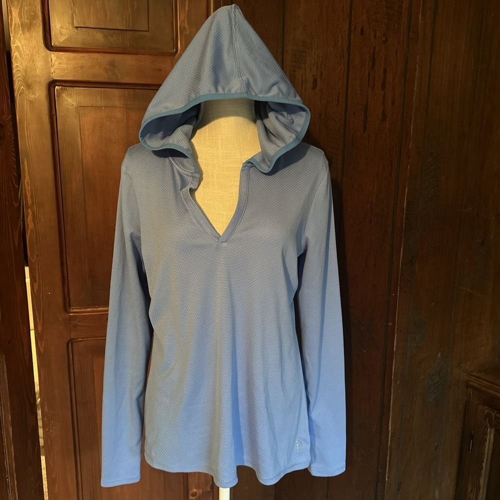 Womens Be‎ Inspired Activewear Blue V-Neck Hooded Pullover Thumb Holes Medium